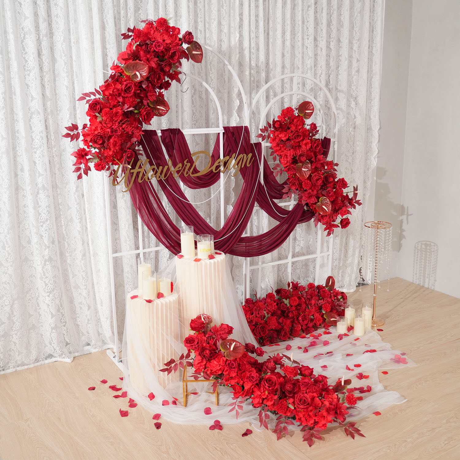 Uflower Red Flower Row Wedding - Flower Wall Panel 评论和价格