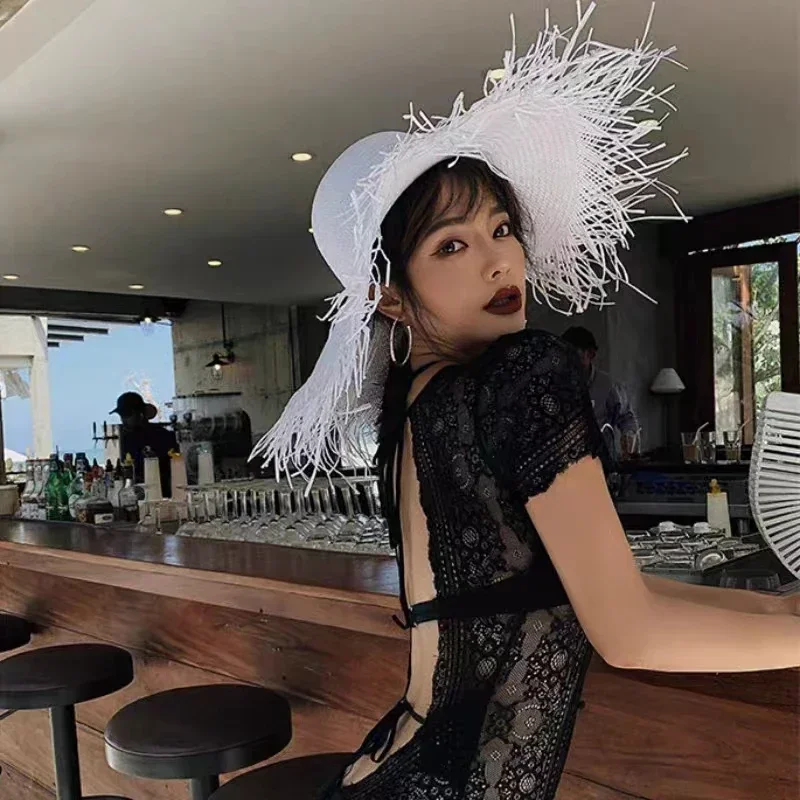 New Summer Wide-brimmed Solid  - Paper Straw Color 评论和价格